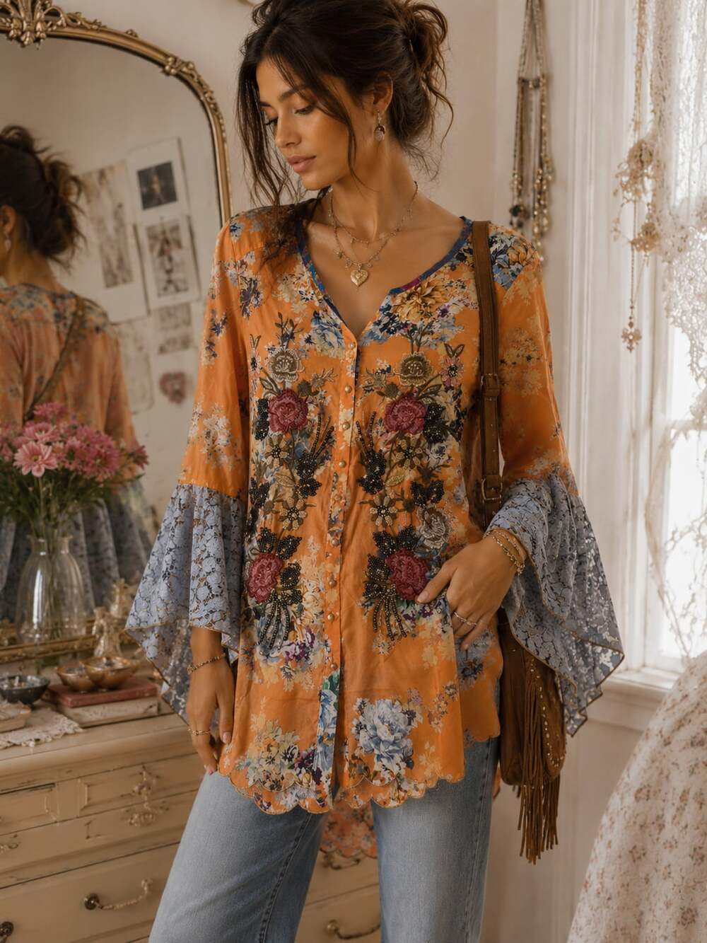 Aratta Silent Journey Embroidered Floral Lace Duster Tunic Boho Kimono L